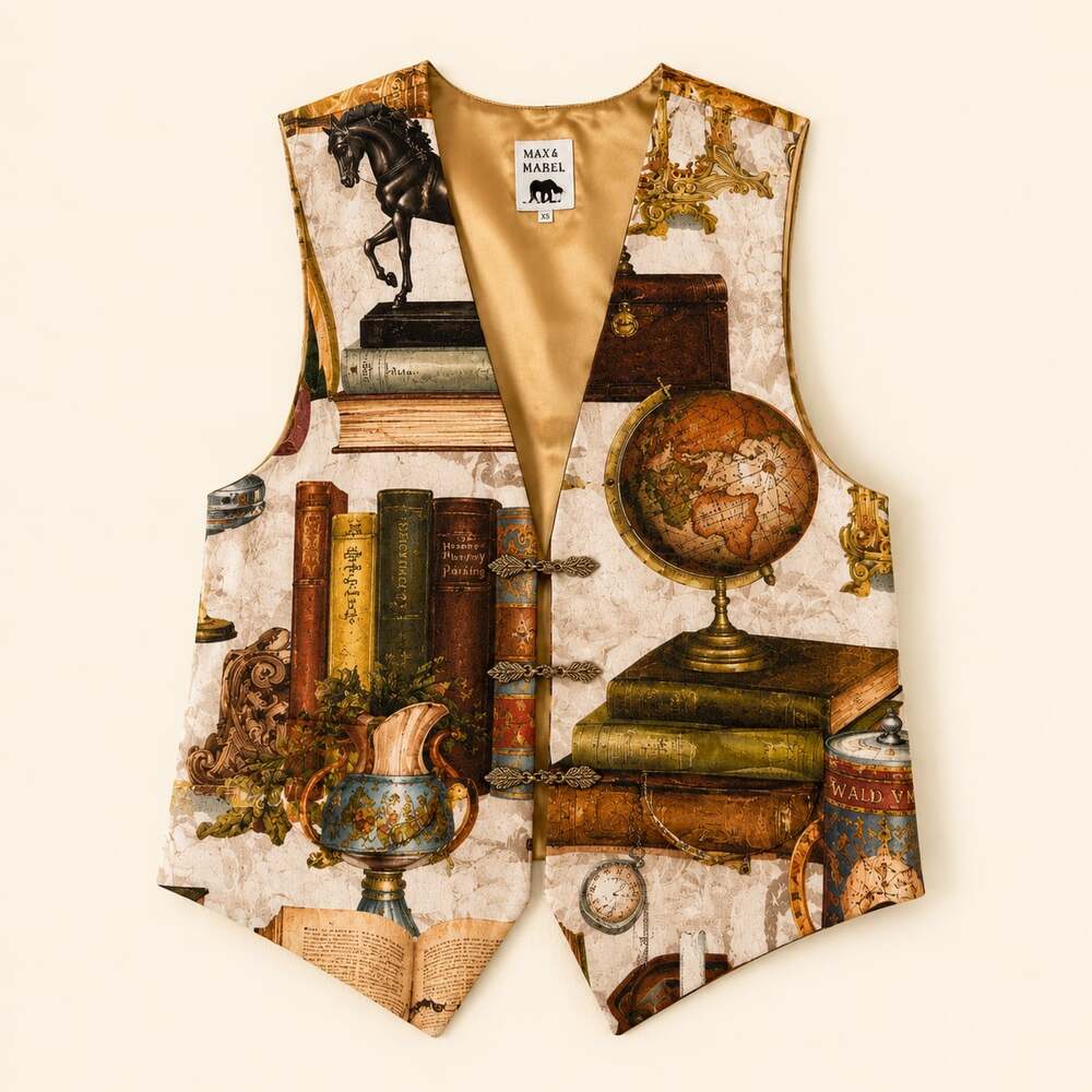 Vintage Max & Mabel Library Print Vest Cottagecore Dark Academia XS